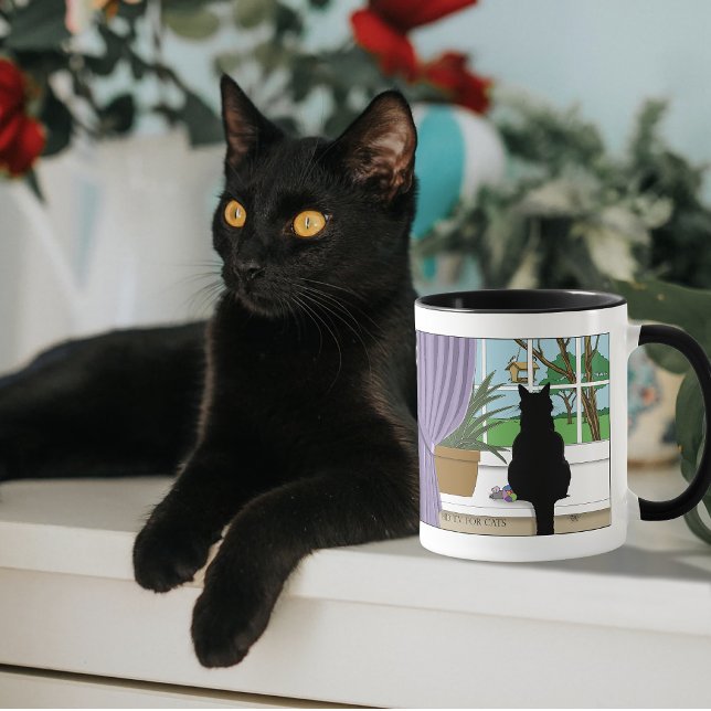 Taza Gato negro curioso verde humorístico Ventana  (Subido por el creador)