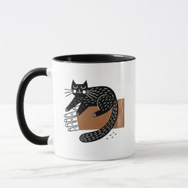 Taza Gato negro de arte folclórico minimalista sentado