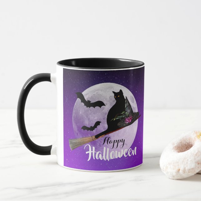 Taza Gato negro de Halloween en la habitación Luna llen (Con donut)
