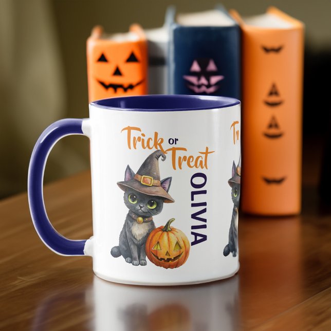 Taza gato negro de Halloween gato jack o truco de farol (Halloween black cat jack o lantern trick or treat mug Halloween gifts cat lovers mug cute kitty)