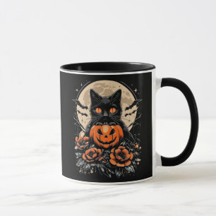 Taza Gato negro de Halloween, luna y calabaza
