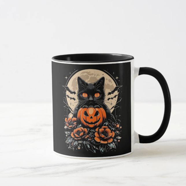Taza Gato negro de Halloween, luna y calabaza (Derecha)