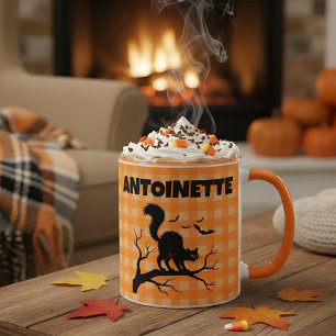 Taza Gato Negro de Halloween y Murciélagos Plaid Naranj
