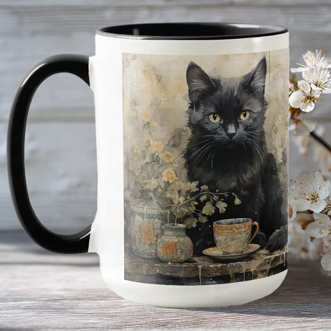Taza Gato negro elegante (Shabby Chic Black Cat Mug)