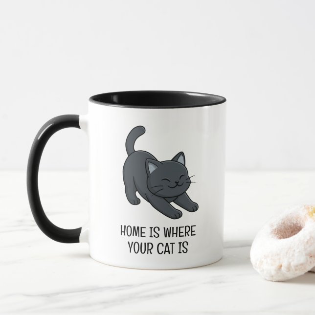 Taza Gato negro estirándose Texto personalizado (Con donut)