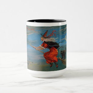 Taza Gato Negro Familiar de Bruja Halloween en Escoba