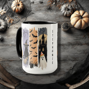 Taza Gato negro, fantasma, calabaza, murciélagos y casa