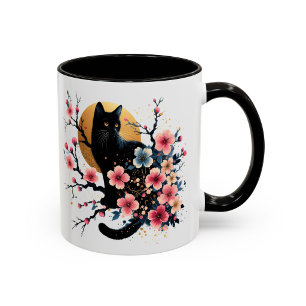 Taza Gato Negro Floral Flor de Cerezo Regalo