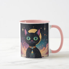 Taza Gato negro futurista atómico en luz de la luna