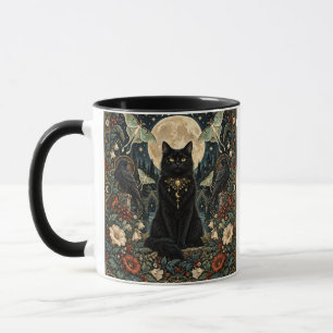 Taza Gato Negro Gótico Celestial con Luna y Cuervos.
