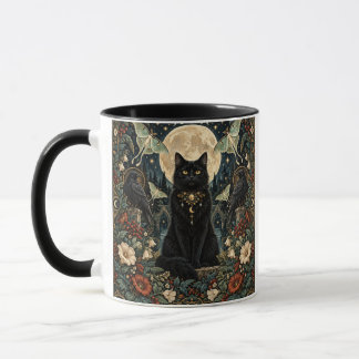 Taza Gato Negro Gótico Celestial con Luna y Cuervos.
