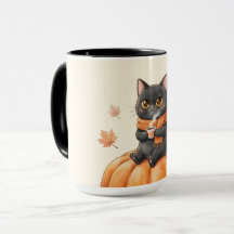 Gato negro kawaii de otoño acogedor con latte de e