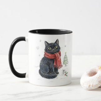 Taza Gato negro lindo con bufanda roja Navidad árbol in