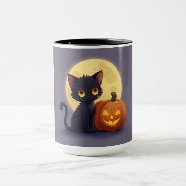 Taza Gato negro lindo con calabaza tallada brillante (Centro)