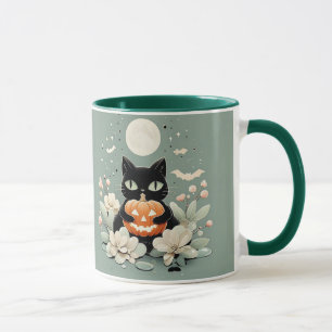 Taza Gato negro lindo de Halloween, luna llena y calaba