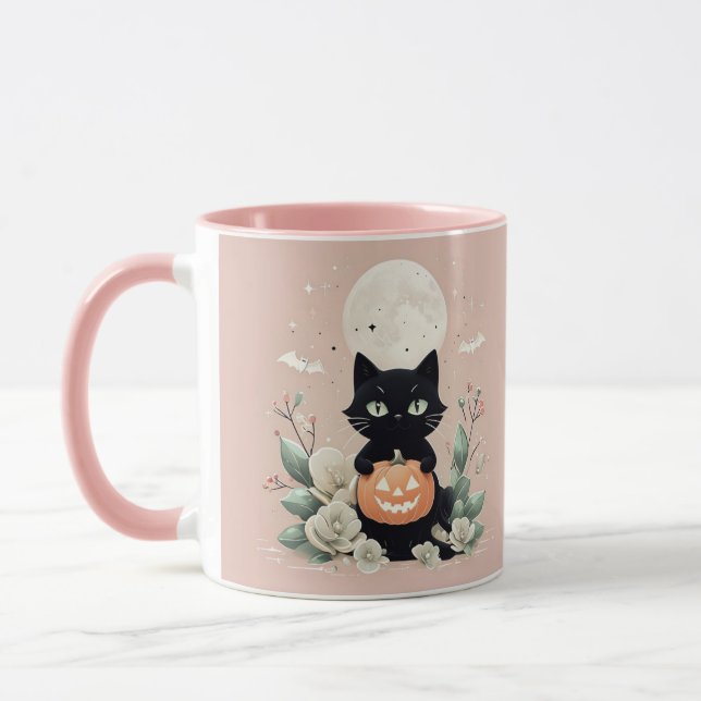Taza Gato negro lindo de Halloween, luna llena y calaba (Izquierda)