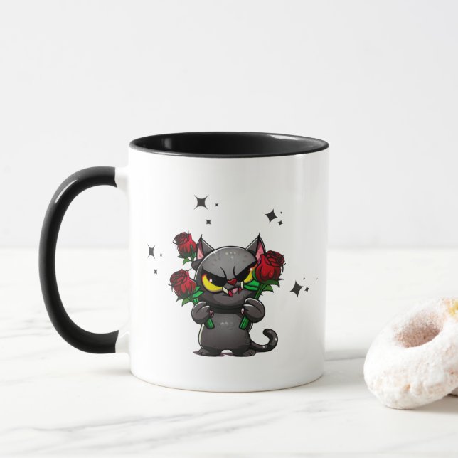 Taza Gato negro malvado sostiene a Rosas Guay Estrellas (Con donut)