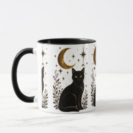 Taza Gato negro místico creciente luna estrellas gótico