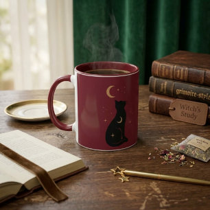 Taza Gato negro místico y luna celestial burdeos