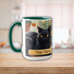 Taza Gato negro personalizado con flores en maceta