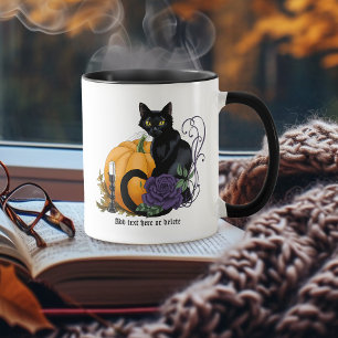 Taza Gato Negro Rosa Púrpura Calabaza Otoño