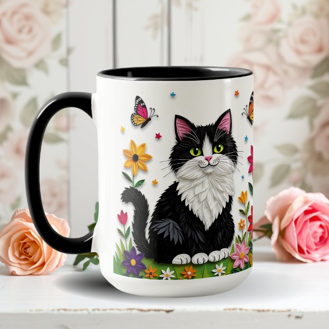 Taza Gato negro y blanco, flores y mariposas   (Subido por el creador)