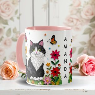 Taza Gato personalizado, flores y mariposas  