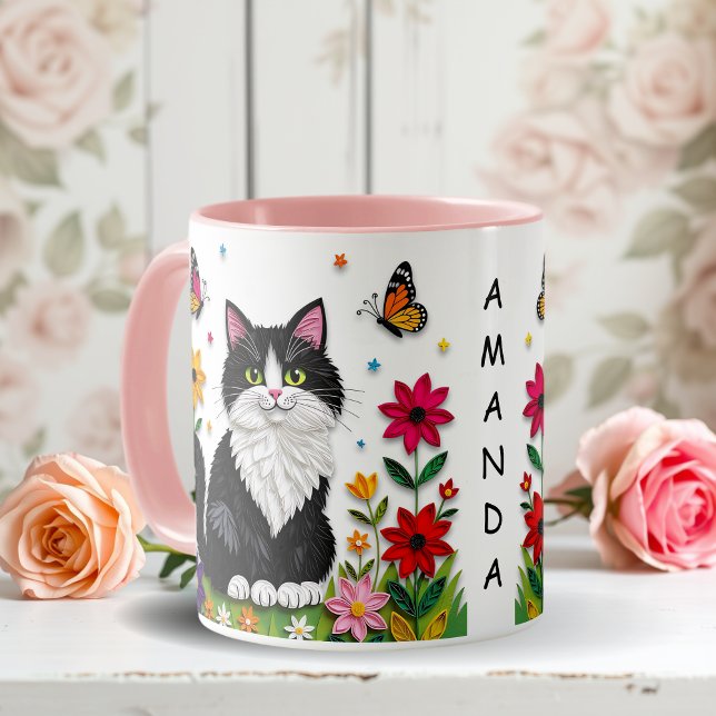 Taza Gato personalizado, flores y mariposas   (Subido por el creador)