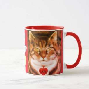 Taza Gato rayado naranja con recorte rojo y corazón