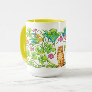 Taza Gato Retro de la Era Victoriana, Trébol y Pájaros