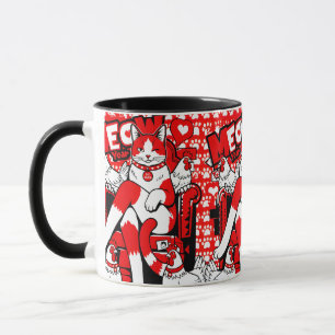 Taza Gato Rojo Blanco Guiñando y Patrón de Pollos