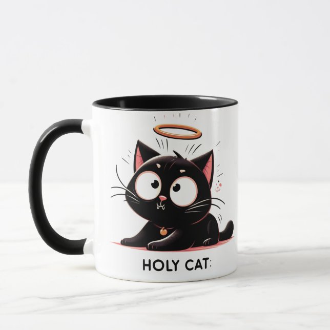 Taza Gato Santo - Gato negro relajado con Halo Cute Fun (Izquierda)