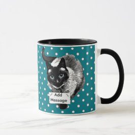 Taza Gato Siamés de Ojos Azules Sosteniendo Letrero en 