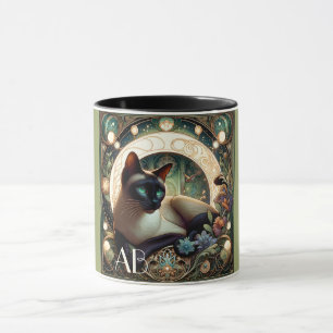 Taza Gato siamés Floral Verde Art Nouveau
