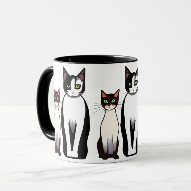 Taza Gato y gatito negro y blanco retro moderno (Anverso izquierdo)