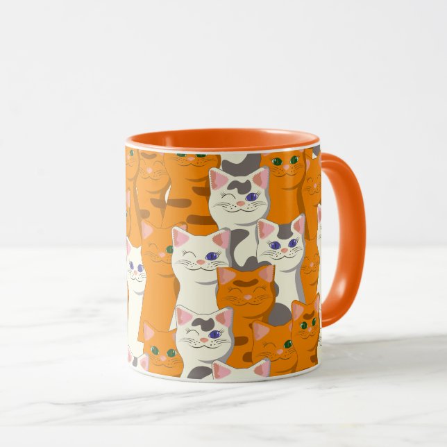 Taza Gatos blancos y jengibre patrón ojos verdes ojos a (Anverso derecho)