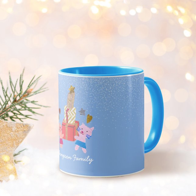 Taza Gatos cortos y regalos de invierno azul (Subido por el creador)