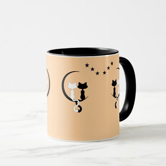 Taza Gatos De Pareja Negra Y Blanca Bajo La Luna Cresce (Anverso derecho)