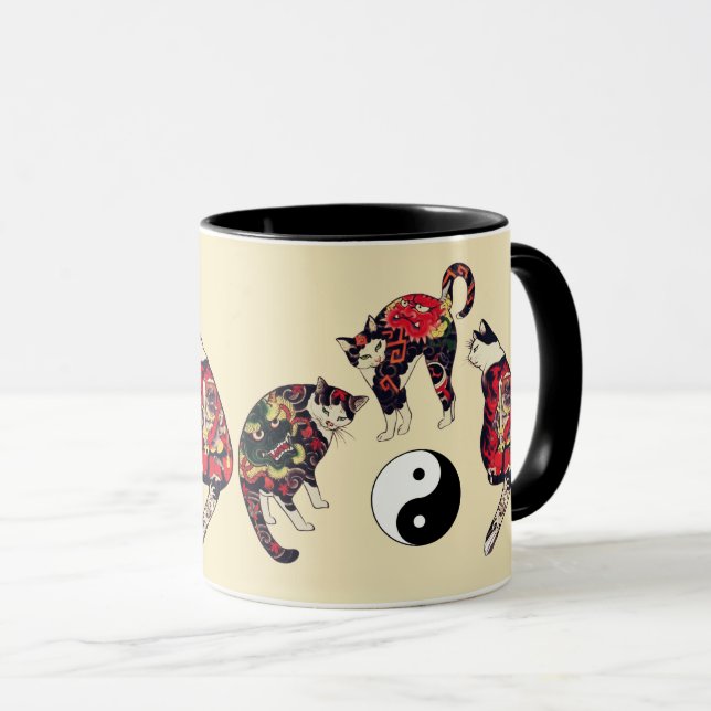 TAZA GATOS JAPONESES, DRAGON RED DEVIL TATTOOS, YIN YAN (Anverso derecho)