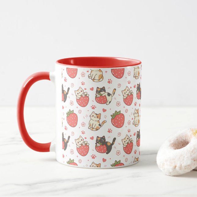 Taza Gatos Kawaii y Fresas (Con donut)