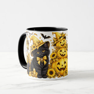 Taza Gatos negros de Halloween amarillos y calabazas de