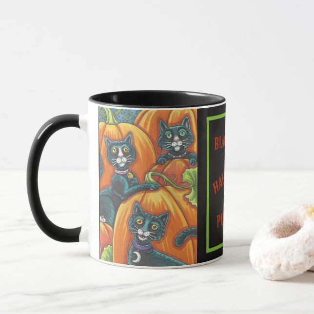 TAZA GATOS NEGROS EN EL PARCHE DE PUMPKIN HALLOWEEN MUG (Con donut)