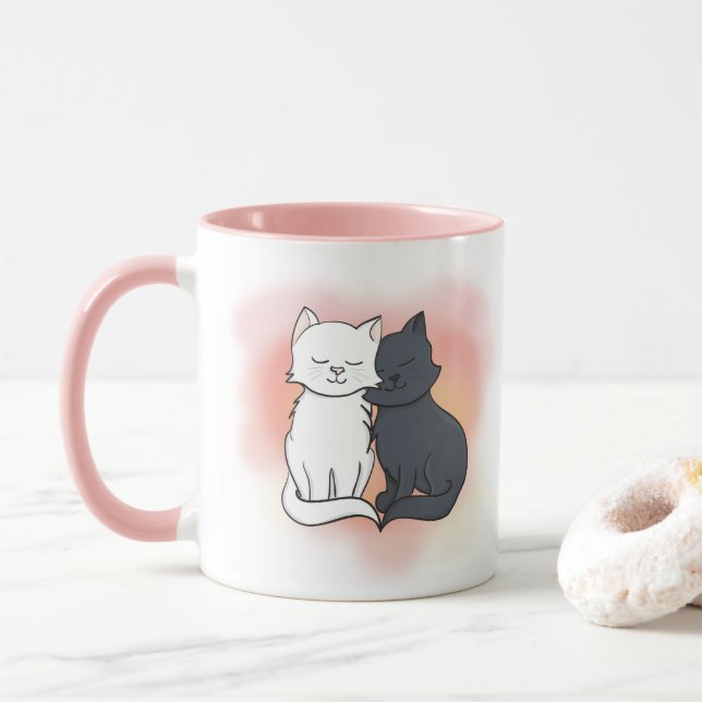 Taza Gatos negros y blancos en el amor rosado soñado (Con donut)