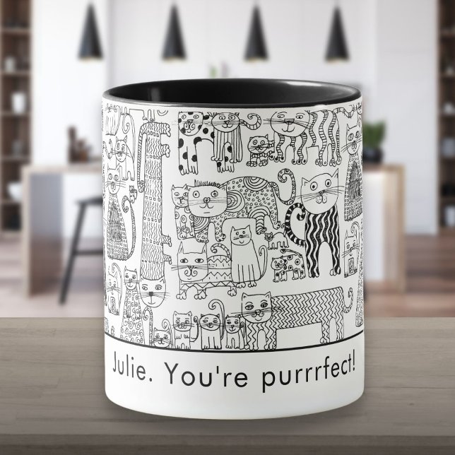 Taza Gatos Negros y Blancos Modernos Personalizados (Personalized Black and White Cats Modern Mug)