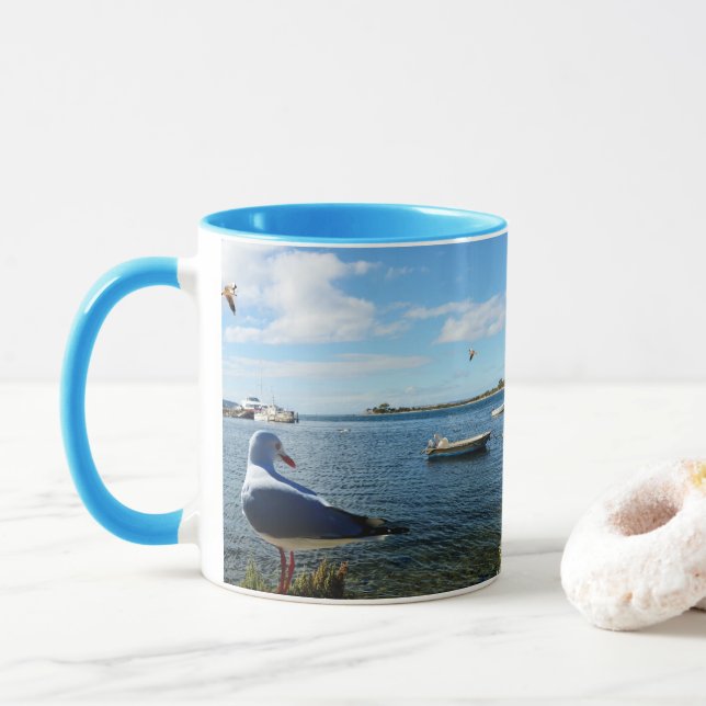 Taza Gaviota, Barcos Y El Océano, (Con donut)