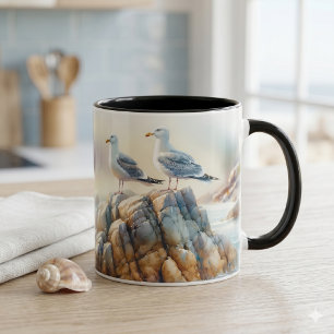 Taza Gaviotas Costeras Acuarela Paisaje Marino