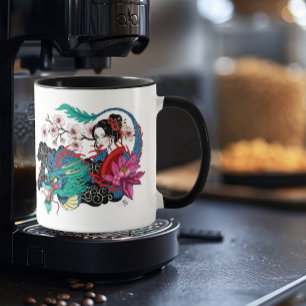 Taza Geisha asiática dragón flor de cerezo azul