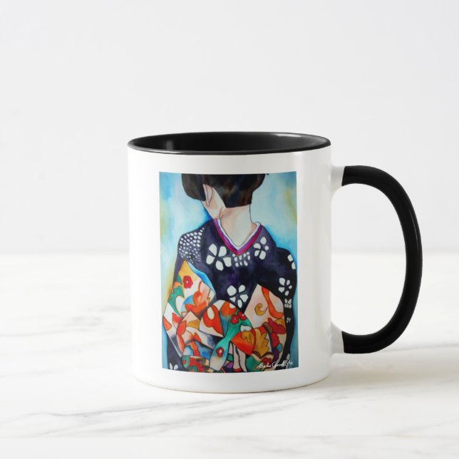 Taza Geisha japonesa con arte original de kimono azul (Derecha)