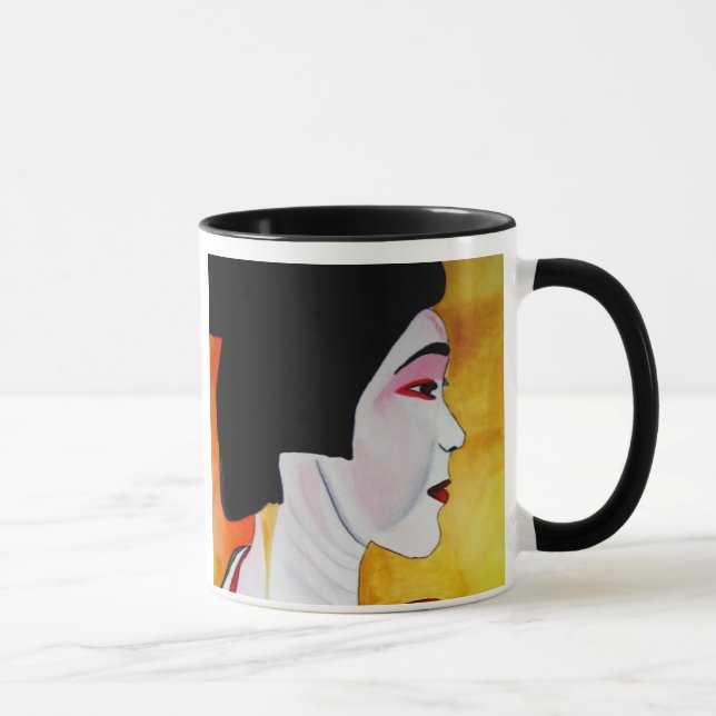 Taza Geisha japonesa con kimono verde arte original (Derecha)