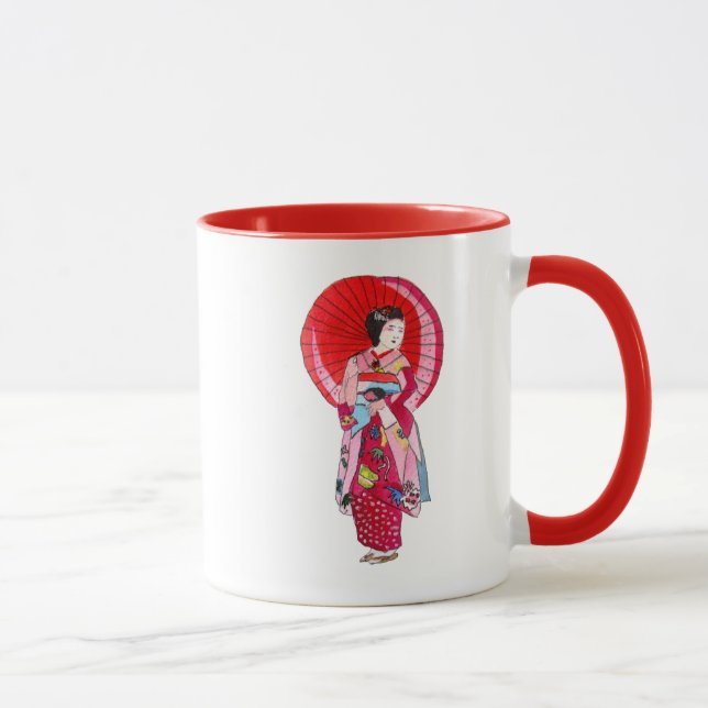 Taza Geisha kimono rojo japonés arte lindo (Derecha)